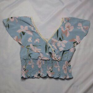 LOVE & PIECE womens SHIRT blue BLOUSE floral CROPPED top SHIRT butterfly SIZE XL